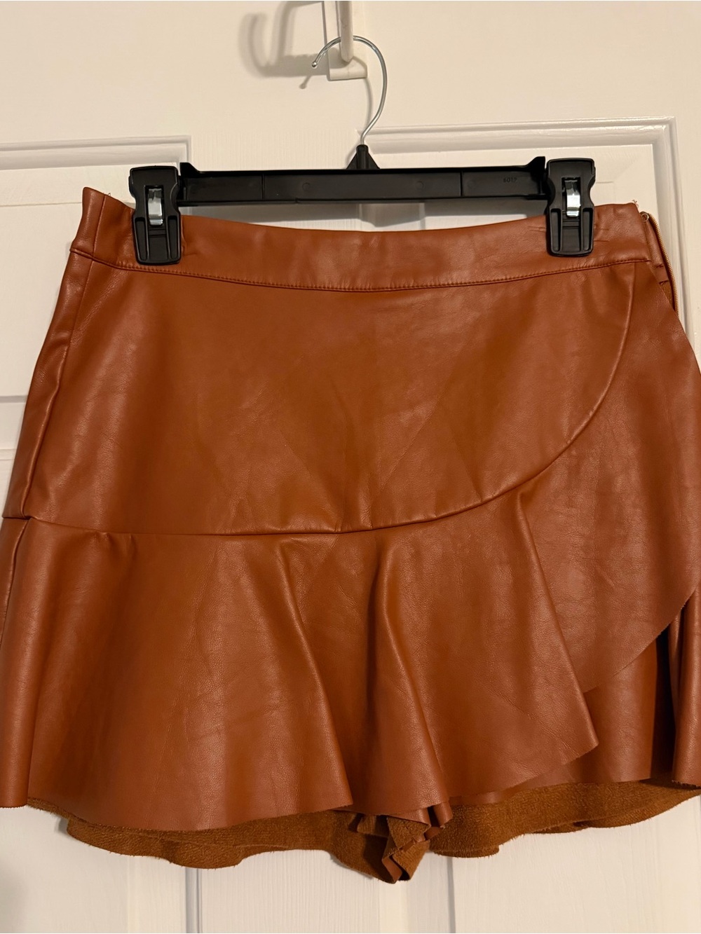 DO+BE Faux Leather Ruffle Mini Skirt in Cognac Brown